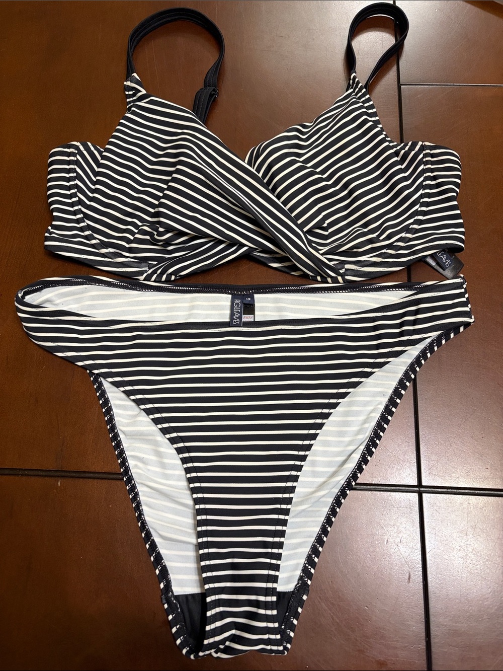 Black & White Striped Bikini Set - Women Swim 36e/12 bottoms